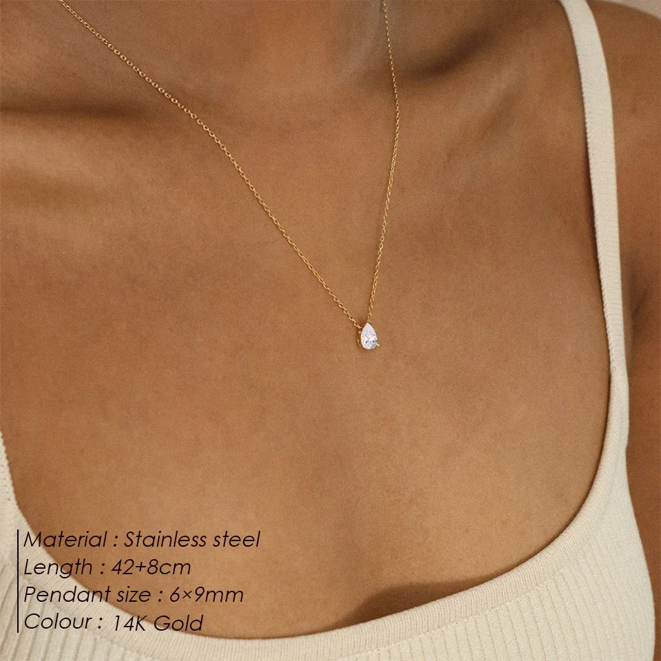 Frauen Heißer Verkauf Glänzende Kristall Halskette Edelstahl Teardrop Zirkonia Anhänger frauen Birthstone Schlüsselbein Kette Großhandel – Detail 1