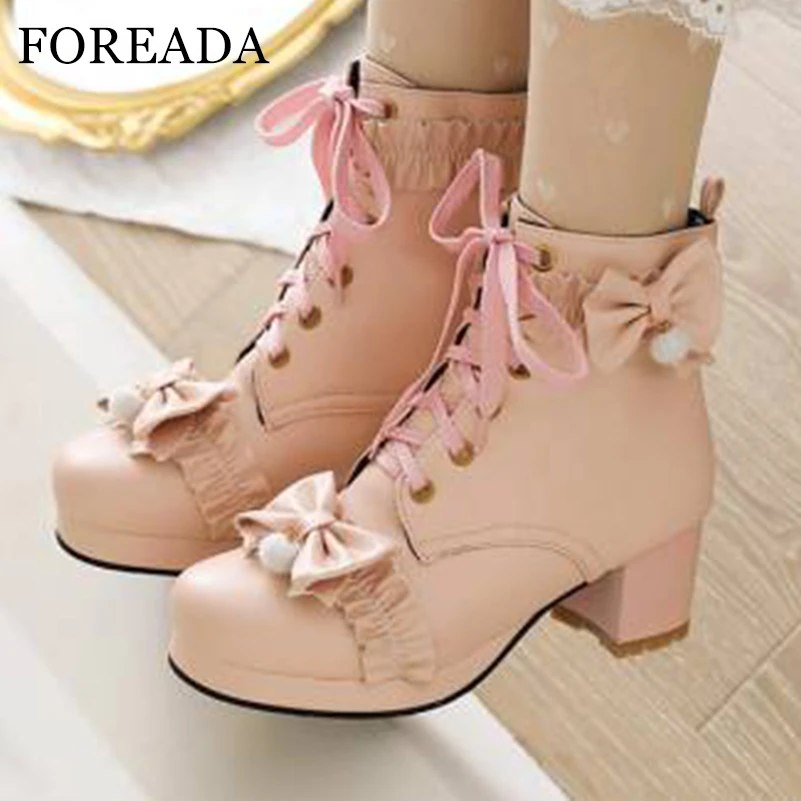 

FOREADA Women Ankle Lolita Boots Round Toe Thick High Heels Bow Lace-up Kawaii Short Boots Ladies Cosplay Shoes Autumn Winter 43