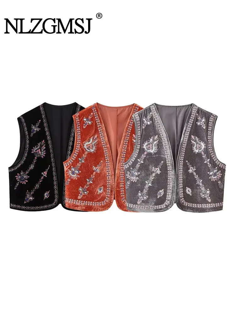 

Nlzgmsj TRAF 2023 Summer Autumn Women National Style Bead string decoration Coat Floral Embroidery Waistcoat Sleeveless Vest