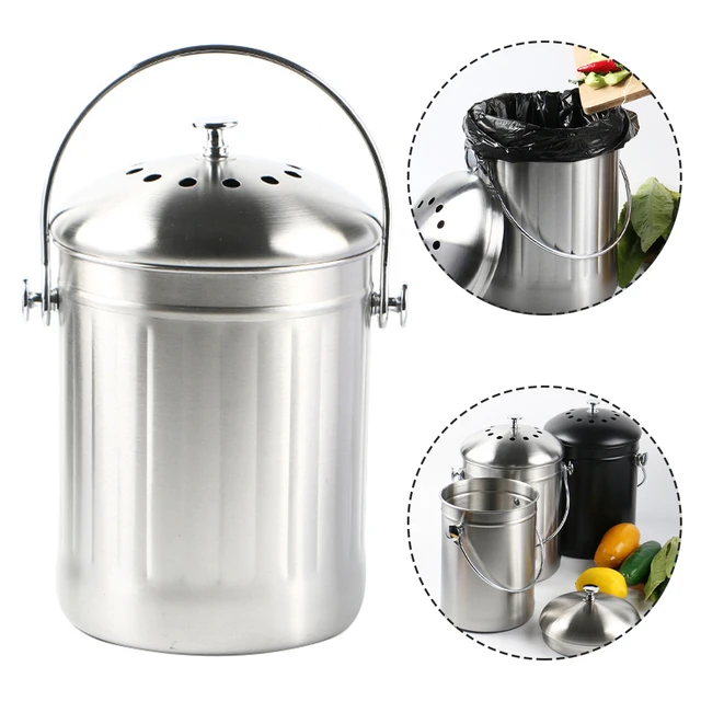 Compost Trash Can Bin Garbage Outdoor Kitchen Waste Caddy Bucket Stainless  Metal Composter Lid Steel Container