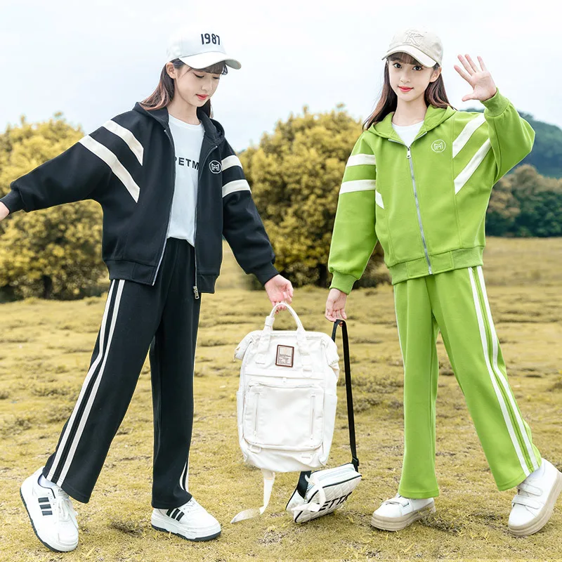 

Spring Autumn Girls Cotton Embroidery Striped Hooded Zip Sweat Jacket+Sweatpant Set School Kids Tracksuit Child Outfit 3-16Years