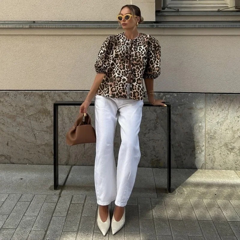 Camisetas con estampado de leopardo para mujer, blusas informales de manga corta con contraste, con cordones, ajustadas, estilo Y2k, camisetas de otoño tipo vendaje