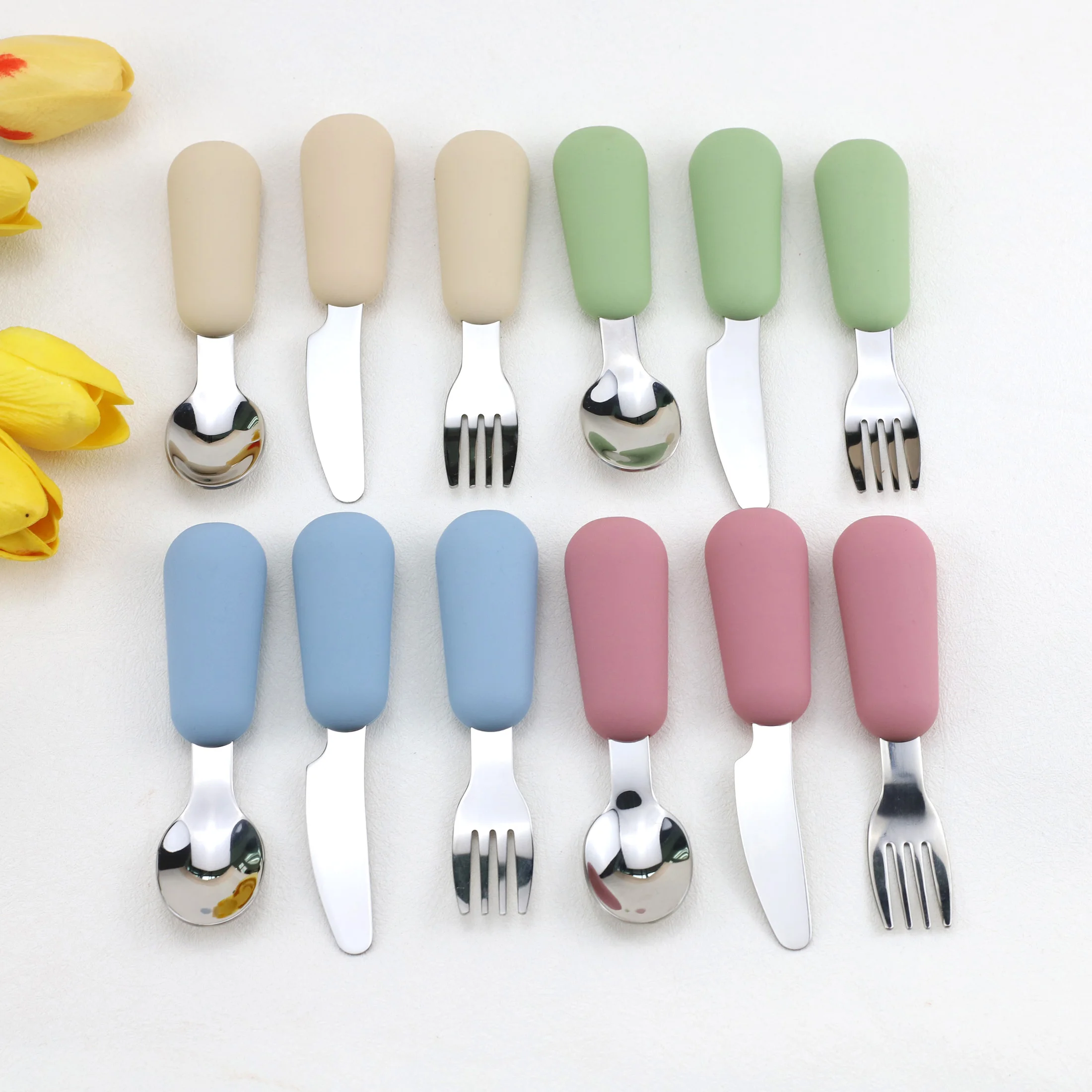 3pcs silicone stainless steel spoon fork knife baby tableware set complementary feeding Stainless Steel Cutlery Set Silicone Cutlery Set Fork Spoon Set Baby Cutlery