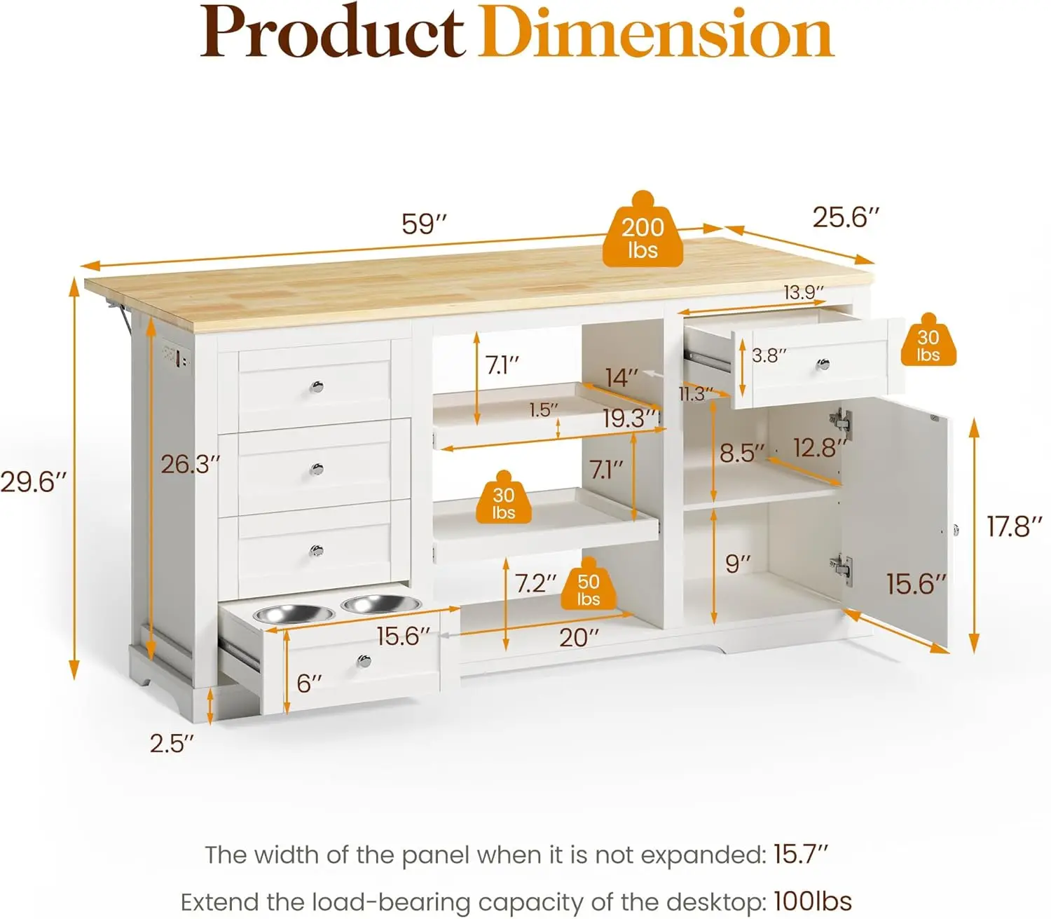 59 Inch Large Kitchen Island with Power Outlet, Farmhouse Thick Table Top Drawer, Organized Storage Space with Rubber Wood 2