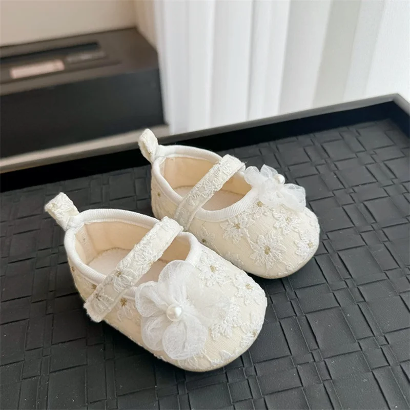 Baby Girl Pearls Flowers Flats Non-slip Soft Soles Cute Mary Jane Shoes Casual Walking Shoes for Newborn Toddler
