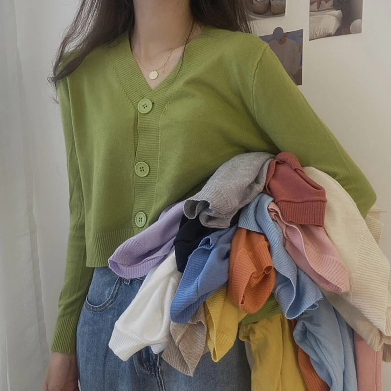 여성용 단추 풀오버 긴팔 스웨터, V넥 짧은 탑, 여성용 슬림 스트리트웨어, 단색 니트 가디건, 가을 겨울 의류