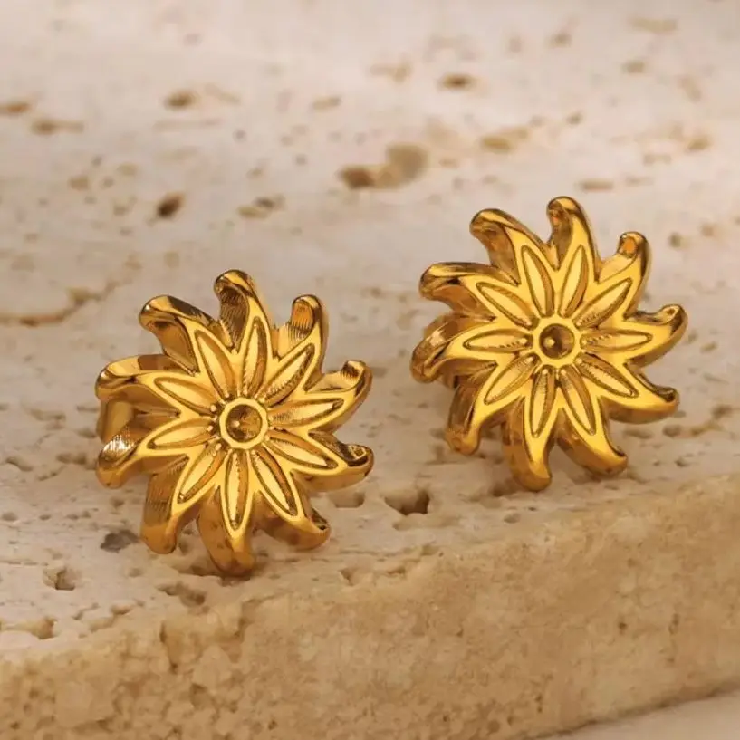 Retro Flower Stud Earrings for Women Gold Color Stainless Steel