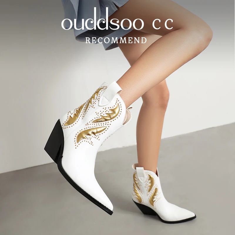 

ODS Autumn Winter Women Ankle Boots Embroidery Cowboy Cowgirls Western Heeled Boots Metallic Leather Pointy Toe Botas De Mujer