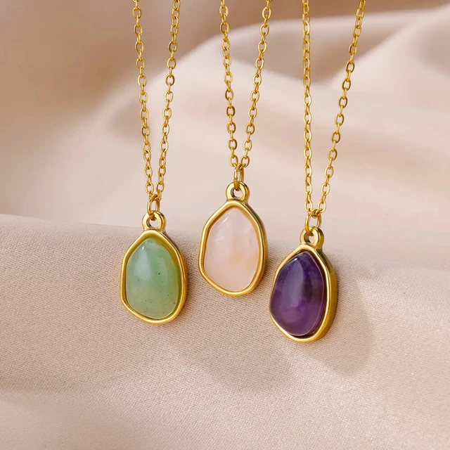 Fashion Stone Opal Oval Necklace For Women Stainless Steel Gold Color Green Stone Pendant Necklace Wedding Aesthetic Jewelry Gif 5