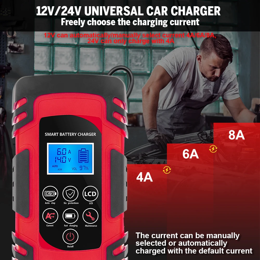 JFIND New Fully Automatic Battery Charger 12V 24V Smart Battery Pulse Repair Tools Lead Acid Battery Charger LCD Digital Display 5