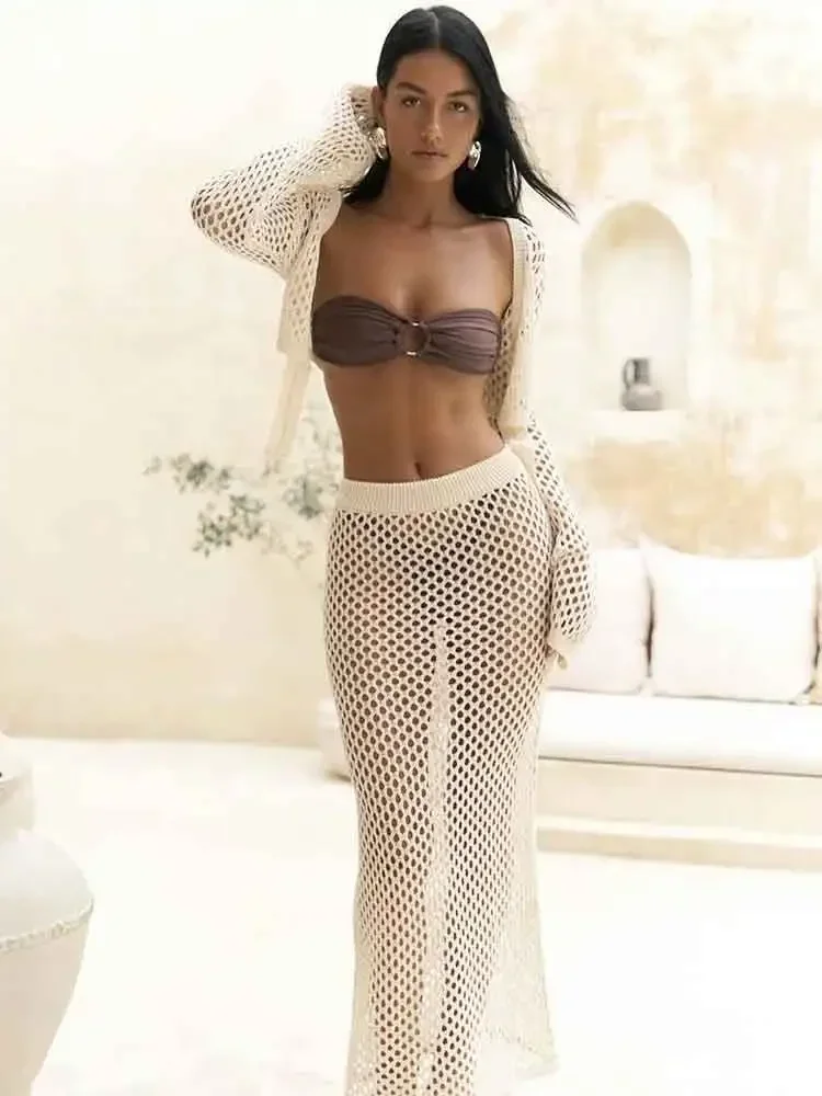 Swimsuit Cover Up Swimsuit Coverup Beach Dress Set Knitted Skirt Set Sexy Knit Cut Out Two Piece Swimsuit Cover Up Summer Women Bell Sleeve Waist Tie Up Top Long Skirt Set Club Beach Dress K41
