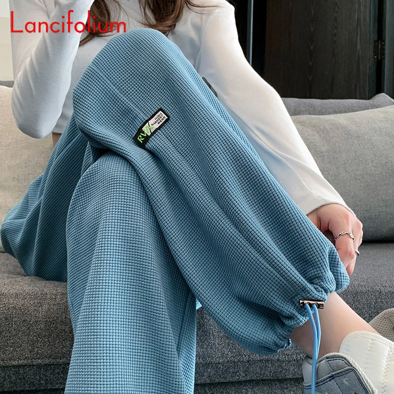 Waffle Elastic High Waist Sweat Pants Summer Women 2022 Korean Knit Baggy Wide Leg Slimcuff