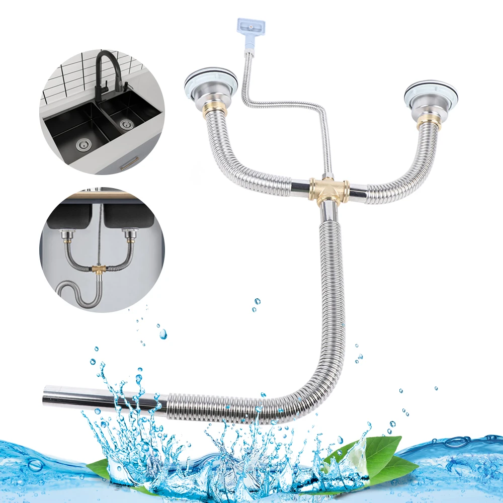 Silver Double Bowl Kitchen Sink Pipe Fitting Plumbing Drain Kit Replace Part Stainless Sink Pipe Plumbing Replacement
