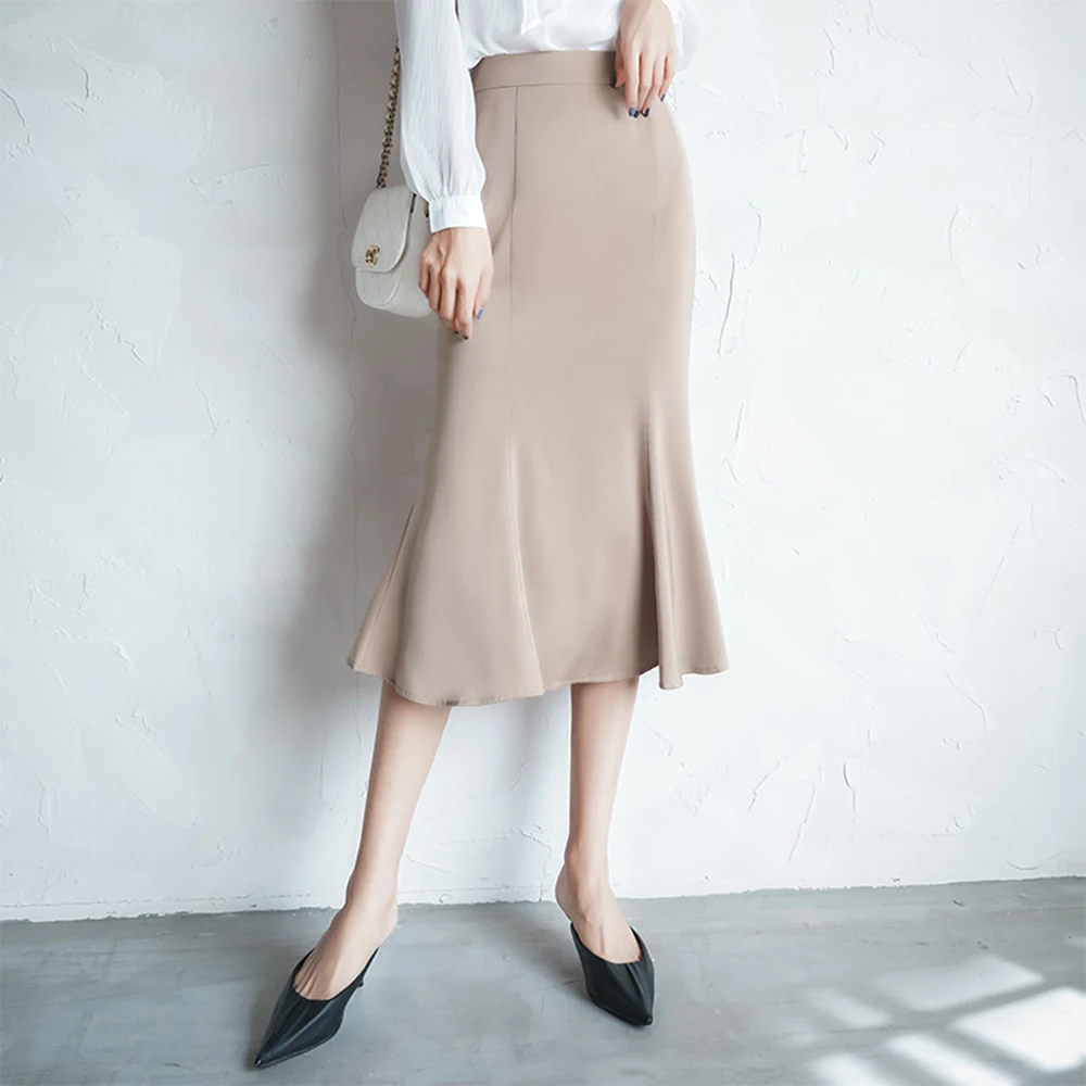 women solid quality satin midi skirt vintage side zipper office ladies elegant chic A-line skirts chic pink pant suits for women long sleeve single breasted short blazer straight leg trouser fashion office ladies 2 piece sets