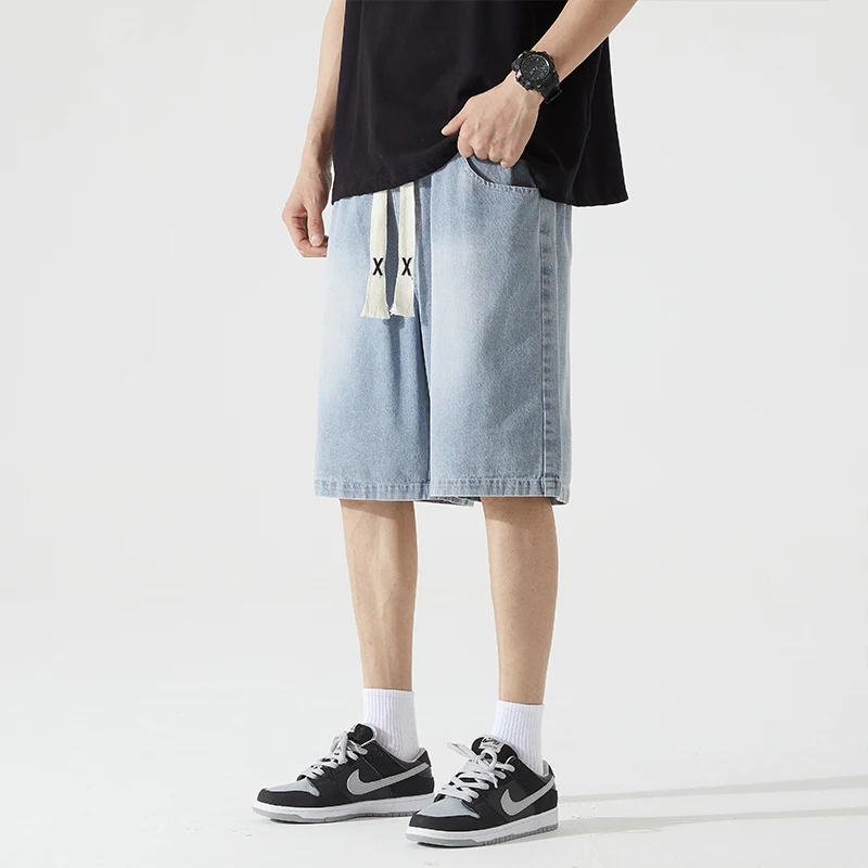 Fashion Elastic Lace Up Washed Straight Denim Shorts Men's Clothing 2024 Summer New Loose Solid Color Casual Knee Shorts