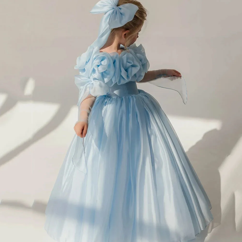 فساتين فتاة الزهور الزرقاء السماوية المخصصة لحفلات...