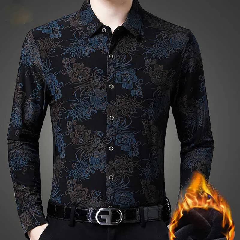 Fashion Lapel Button Korean Long Sleeve Printed Shirts Men's Clothing 2023 Winter Loose Casual Tops All-match Warm Shirts