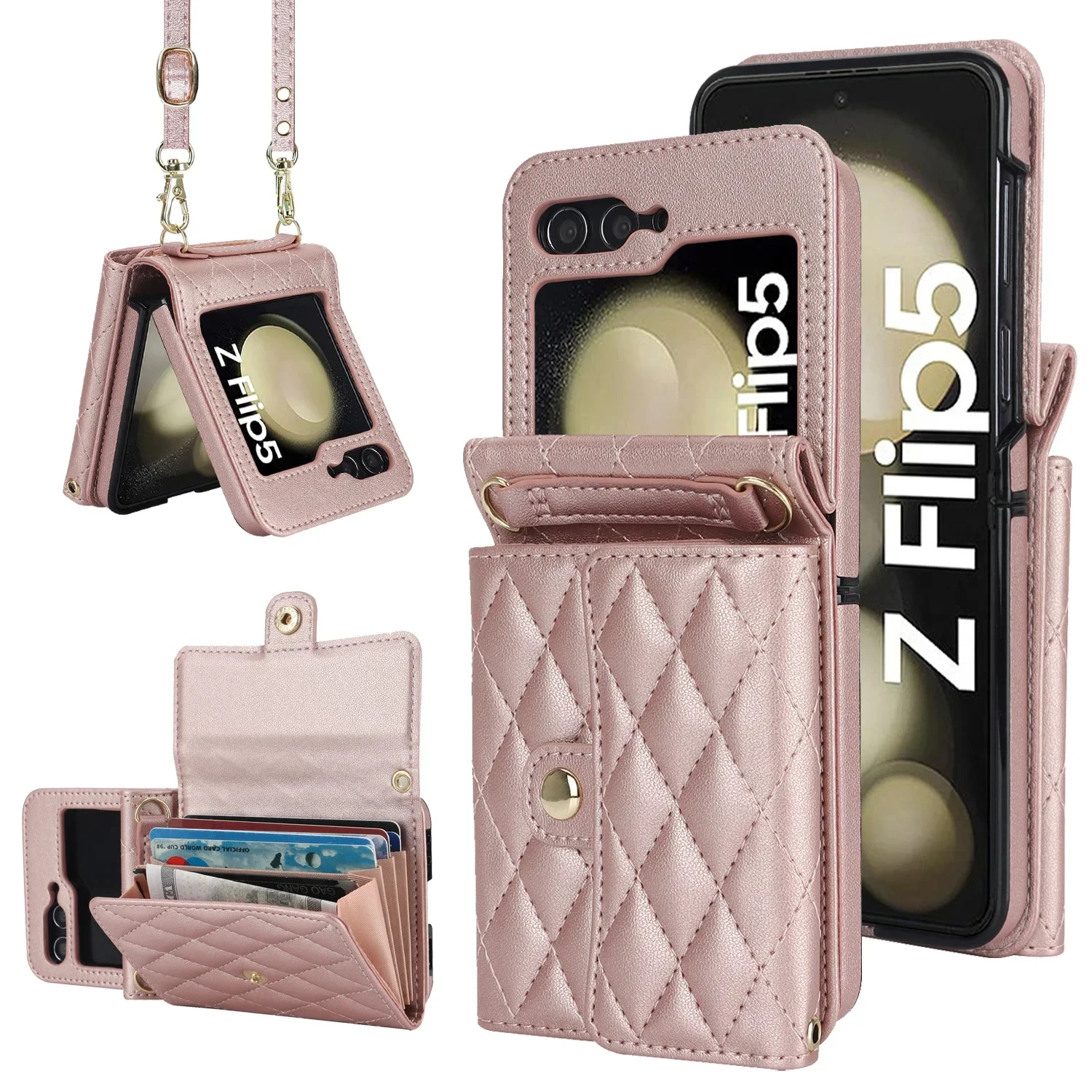 Crossbody Lanyard Zipper Leather Wallet Card Phone Case For Samsung Galaxy Z Flip 5 4 3 Luxury Wrist Rope Flip Stand Cover Coque