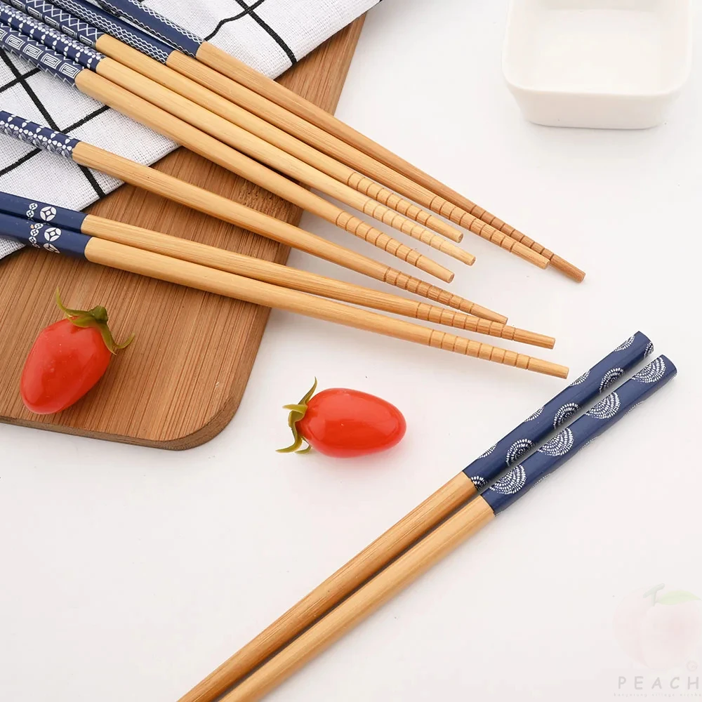 Wooden Chopsticks Reusable 5Pairs Handmade Bamboo Japanese Natural Sushi Food Cat Flower Multi Color