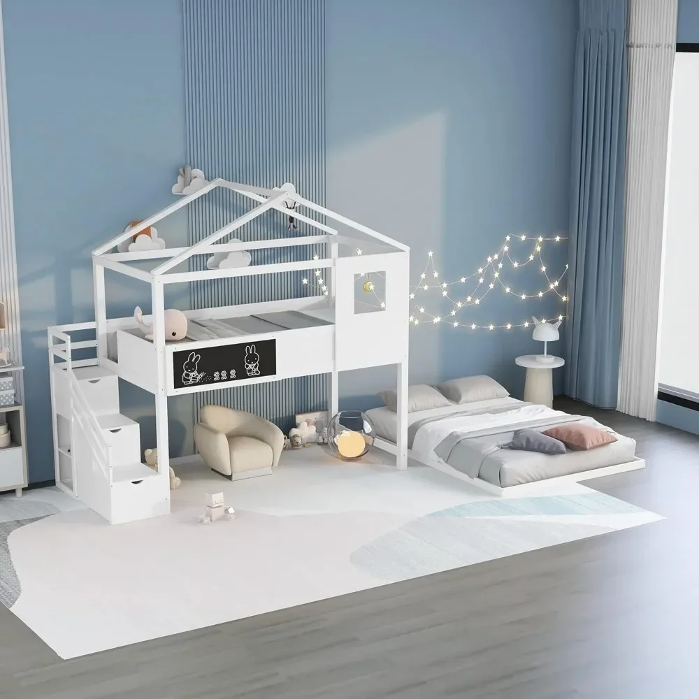 Twin Over Full House Bunk Bed with Blackboard and Storage Staircase,Wood Kids Bunk Bed with Roof and Safety Guardrails Beds 5
