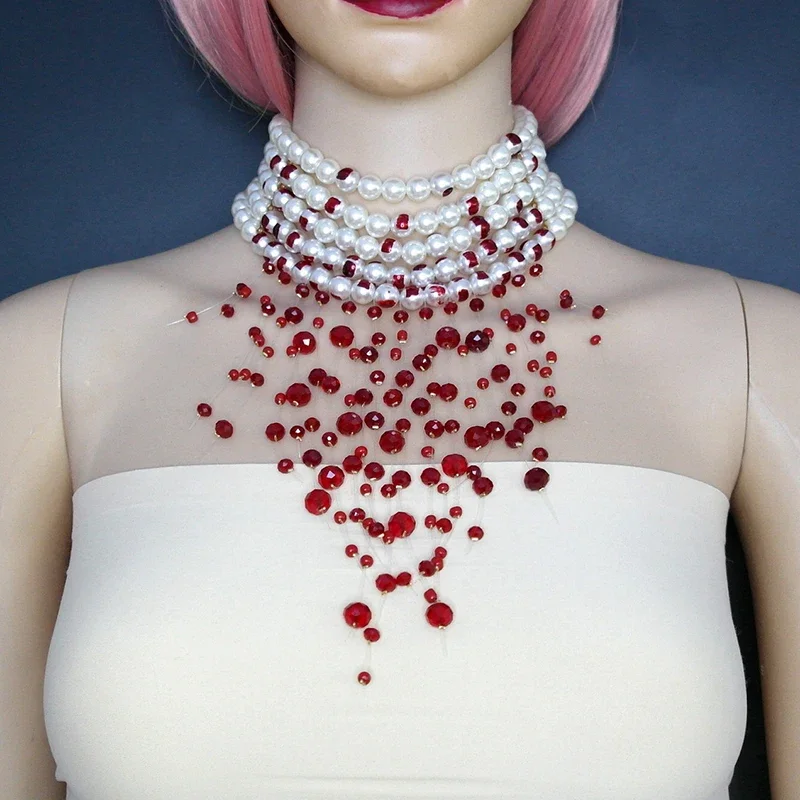 Halloween Blood Pattern Pearl Necklace Women Fashion Multi-layer Imitation Pearl Tassel Short Necklace Gothic Party Jewelry Gift