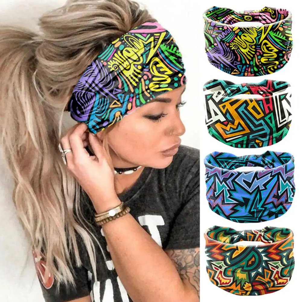 

Wide Sweat Absorbing Sports Headband Quick Drying Stretchy Women Bohemia Style Plaid Pattern Yoga Headwrap Hair Accessories