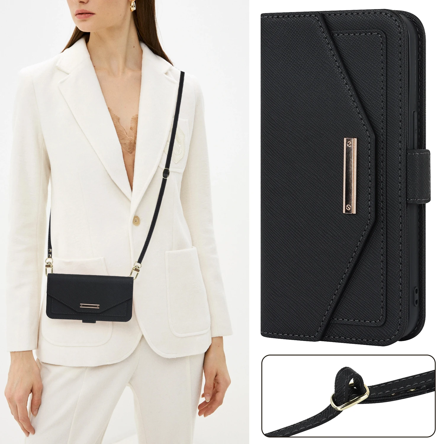 Cross grain Leather Wallet Phone Case For iPhone 11 12 13 14 15 Pro Max 15 14 Plus Card Holder holder With hanging rope Cover