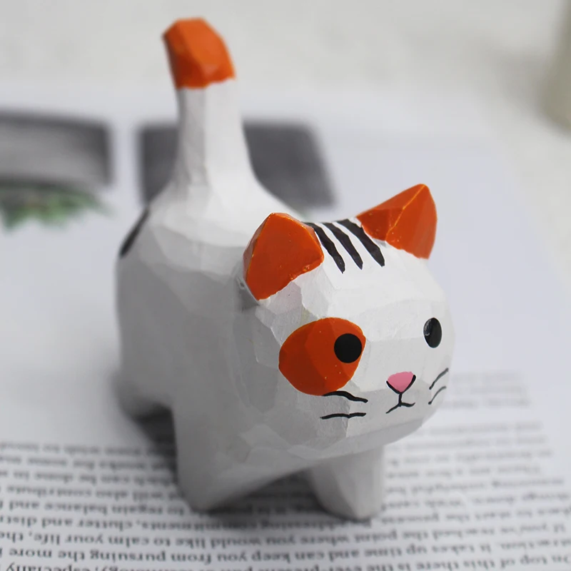 Handmade Wood Carving Kitten Ornaments Small Animal Creative Desktop Wood Cat Decoration Crafts 6