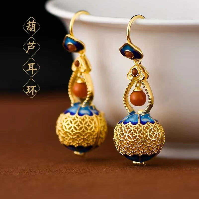 Chinese Style Vintage Copper Gilding Gourd Filigree Enamel Craftsmanship Hook Earrings for Women Party Cheongsam Girlfriend Gift