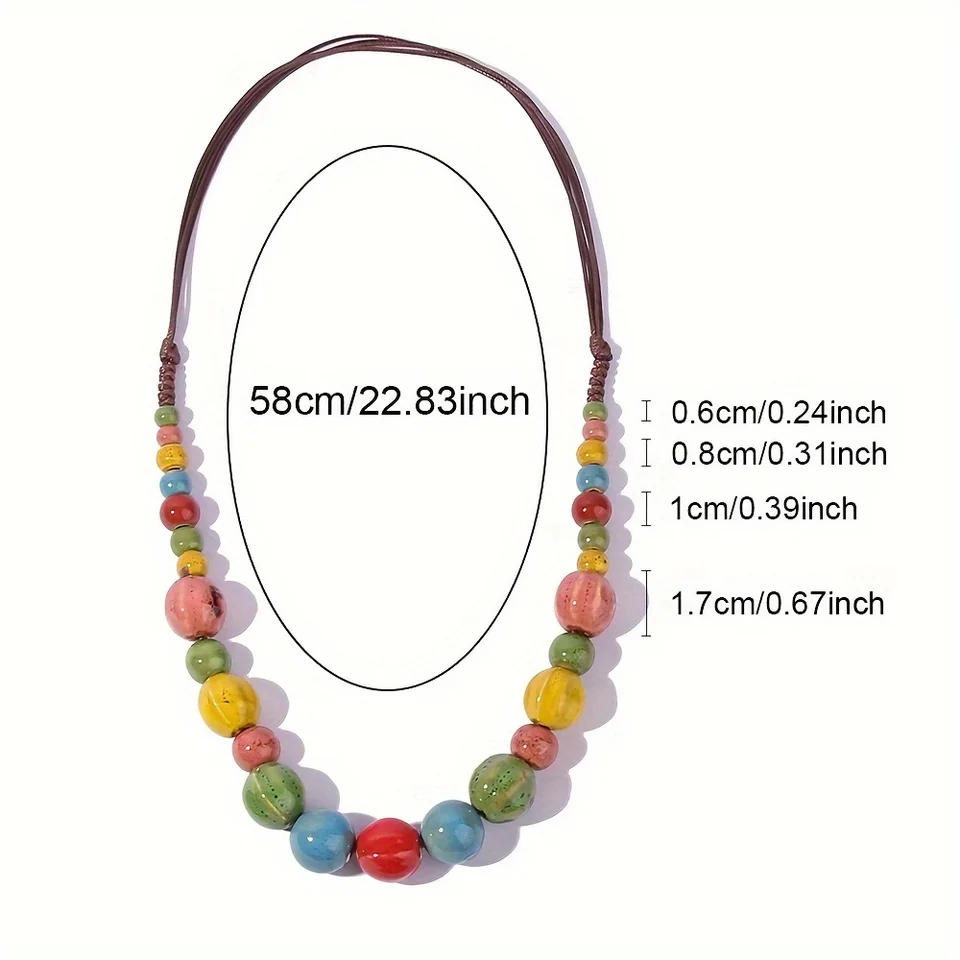 Collana Bohémien Con Perline In Ceramica Colorata - Gioiello Vintage Per Donna, Lunghezza Regolabile, Portafortuna - 3
