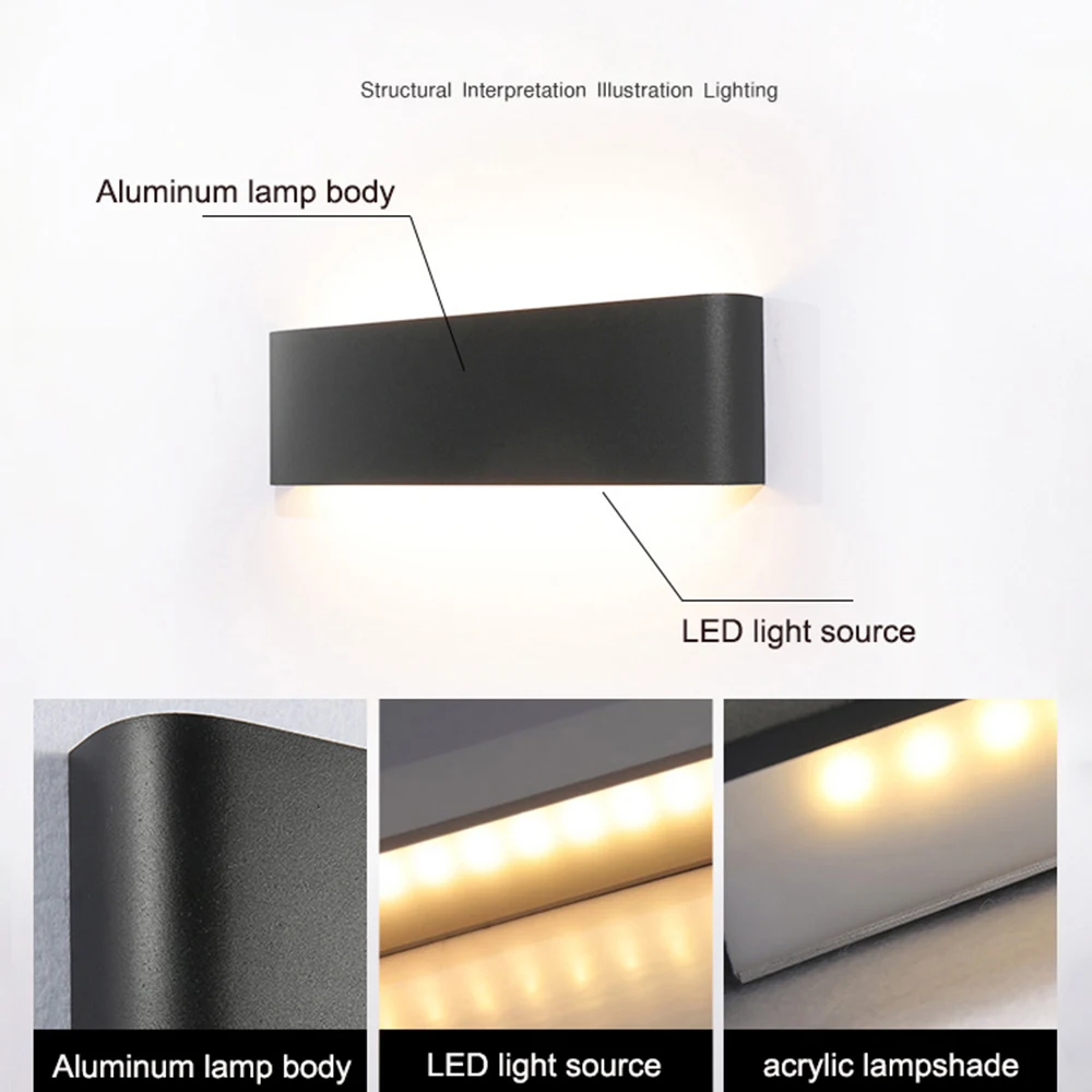 LED 실내 벽 램프, 침실 거실 침대 옆 램프, 위 아래 조명, 홈 블랙 화이트 배경 벽 조명 기구, 12W