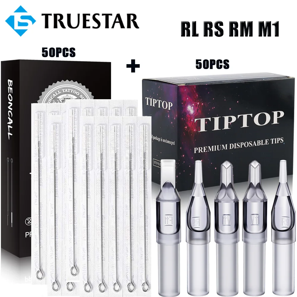 50PCS Sterilized Tattoo Needles 3/5/7/9RL 5/7/9RS 7/9M1 50PCS 3/5/7RT 5/7FT Disposable Tattoo Tips Combo for Machine Gun