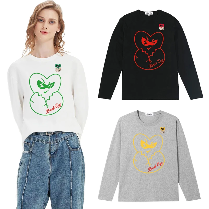 Футболка Мужская/Женская с длинным рукавом, хлопковая Прямая рубашка с вышивкой в виде сердечек и яиц, с разноцветным ажурным принтом сердечек и О-образным вырезом Футболка Мужская/Женская с длинным рукавом, хлопковая Прямая рубашка с вышивкой в виде сердечек и яиц, с разноцветным ажурным принтом сердечек и О-образным вырезом