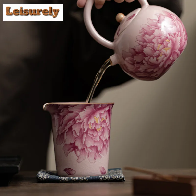 230ML Pink Ru Kiln Peony Flower Tea Pitcher Sharing Pot Cha Hai Dispenser Justice Cup Fair Mug Tea Items Decoration Supplies