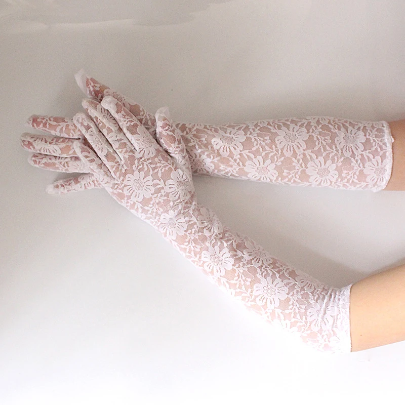 

Long Lace Floral Gloves Stretchy Full Finger Mittens Mesh See Through Elbow Wedding Bride Gloves Weeding Party Evening Accessory
