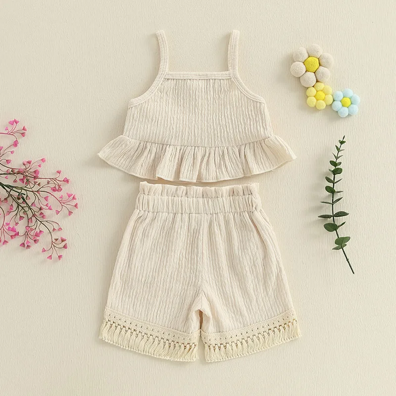 Description Picture 5 of itemSummer Infant Baby Girl Floral 2 Pcs Clothing Set Fashion Toddler Ruffled Trim Sleeveless Tank Tops and Tassel Shorts Clothes