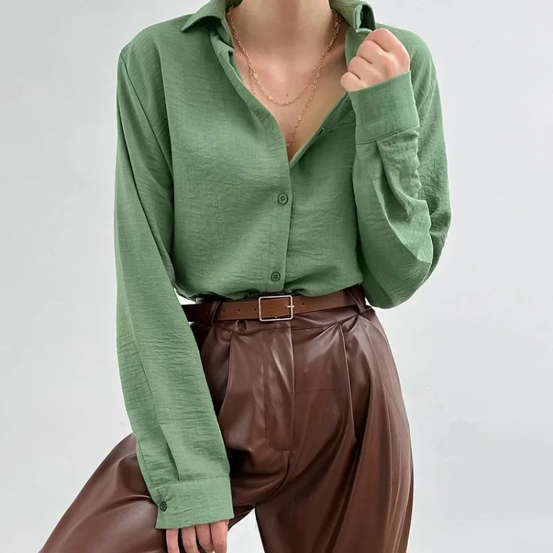 

New Autumn Avocado Green Loose Shirt Women Turn Down Collar Casual Tops Single-breasted Blouse Long Sleeve Women Clothes 28682