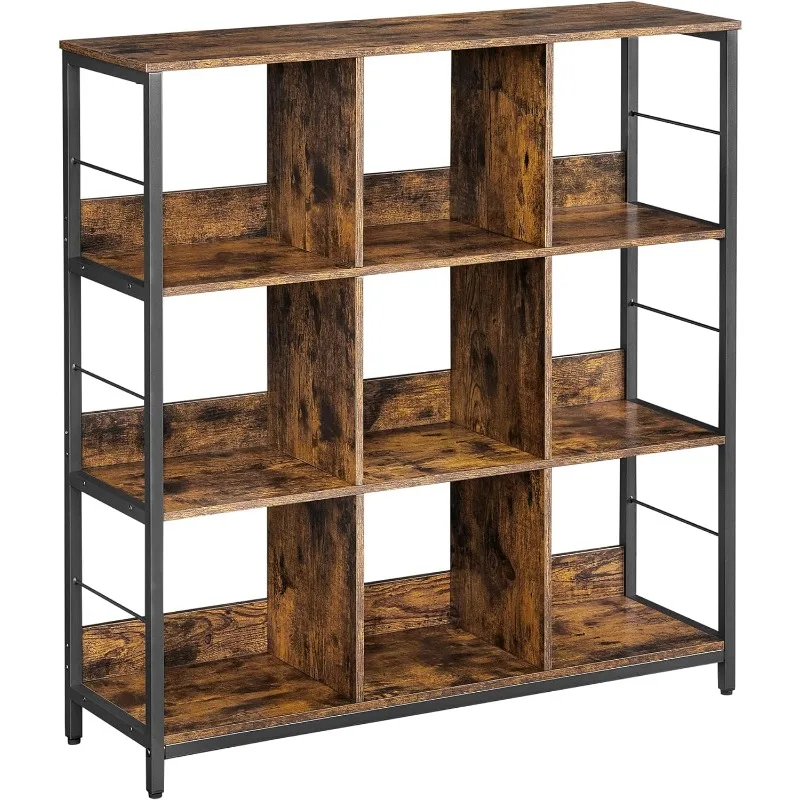 

Bookshelf, Bookcase, 9 Cubes Storage Organizer, Industrial Open Display Shelf, for Bedroom, Office, Living Room, Metal Frame,