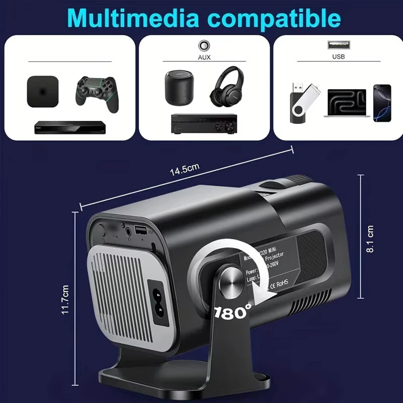 빠른 초점 조절 기능이 있는 HY320MINI 휴대용 LED 프로젝터, 40lm 고휘도, 내장 스피커, 글로우 파티 용품, 업그레이드된 HY300