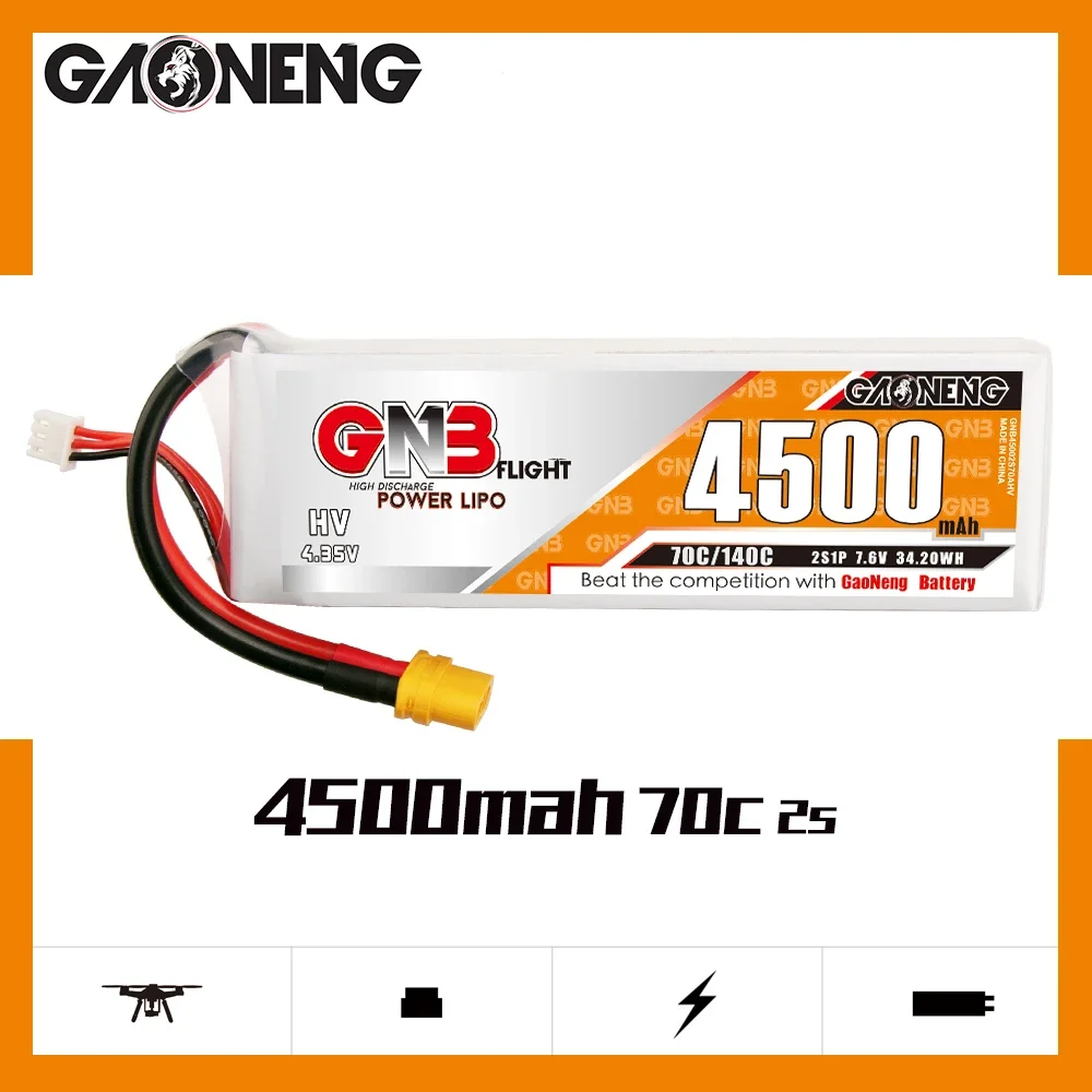 

Аккумулятор Gaoneng GNB 2S1P 4500 мАч 7,6 В 70C/140C HV LiPo с разъемом XT60 EC5 для радиоуправляемого вертолета самолета радиоуправляемого автомобиля лодки