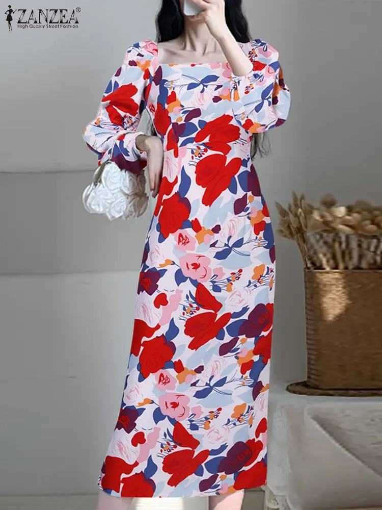 

Элегантное платье-миди ZANZEA с длинным рукавом-фонариком, богемное женское платье 2023, осенние платья с цветочным принтом, повседневное свободное женское платье