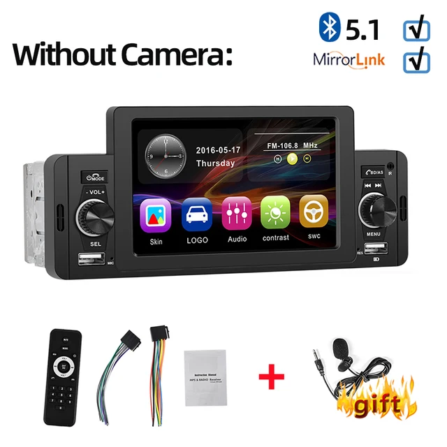 Podofo 5'' Car Radio 1Din CarPlay Android Auto Multimedia Player