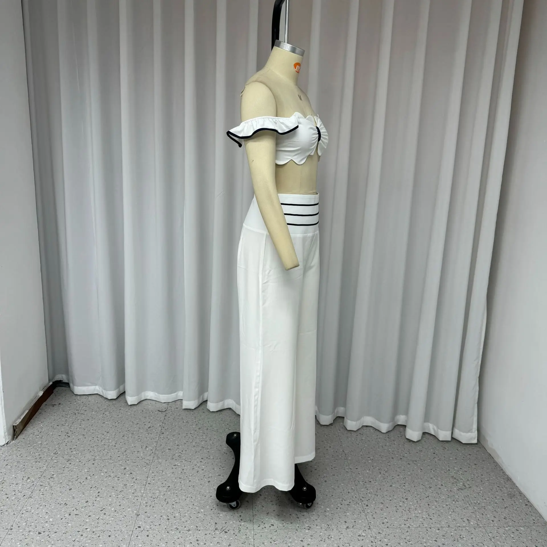 2 Piece Sets Women Outfit Summer Elegant Solid Color Sexy One Shoulder Sleeveless Crop Top and High Waist Loose Long Set