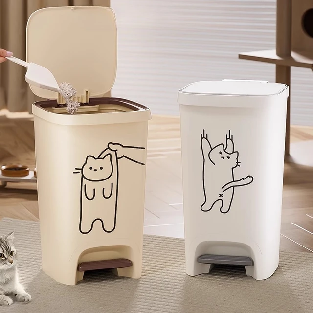 1pcs Cartoon Cat and Dog Pattern Trash Can Foot Operated Press Type Cat Litter Storage Bucket Closed Odor Proof Garbage Bin