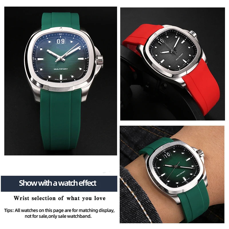 Curved Waterproof Silicone Watch Strap - Men's Soft 22mm Rubber Band Bracelet