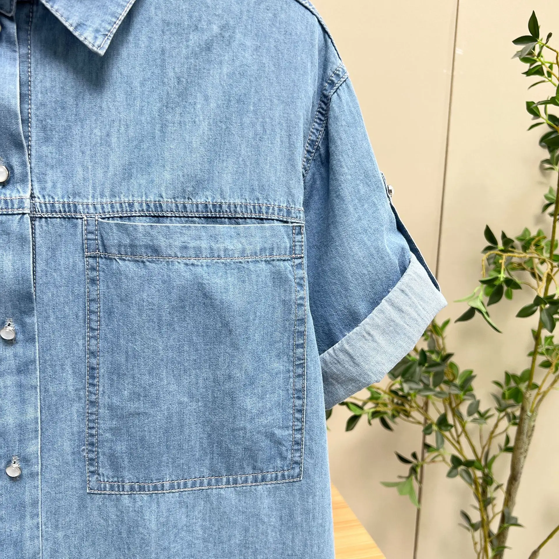 100kg Summer Blouses Fashionable New Half Sleeve Denim Shirt Plus Size Women's Top 7149