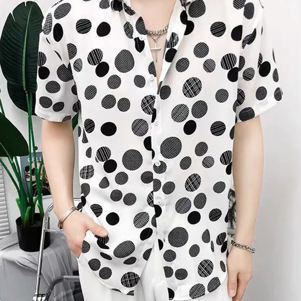 2024 New Polka Dot Shirt Short Sleeved Korean Version Trendy Men's Loose Casual Polka Dot Lapel Shirt Lightweight And Breathable