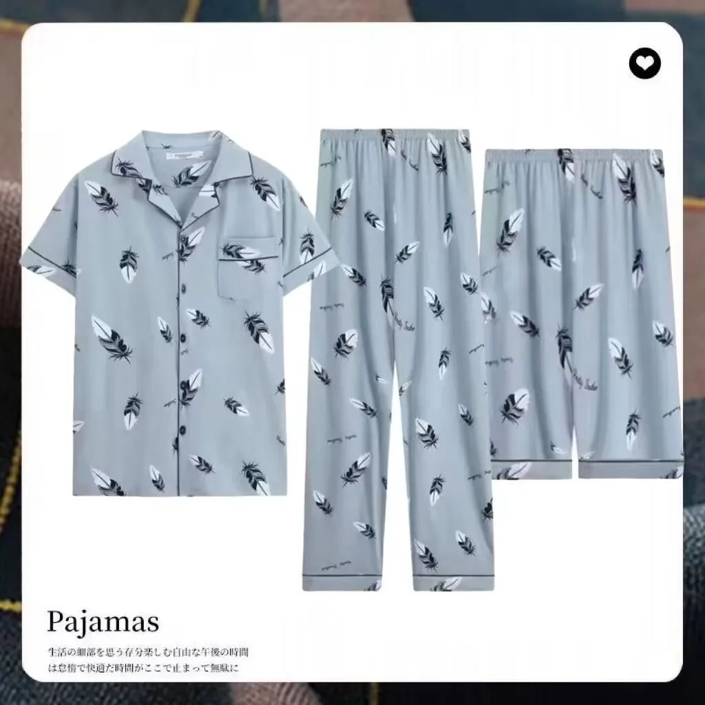 Men's Pajamas Loungewear Three-Piece Set Cotton Spring and Summer Short Sleeve Shorts Trousers