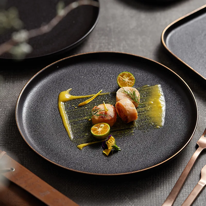 

Phnom Penh Ceramic Steak Plate Pasta Plate Western Black Frosted Platter Fruit Plates Round Breakfast Plates Kitchen Tableware