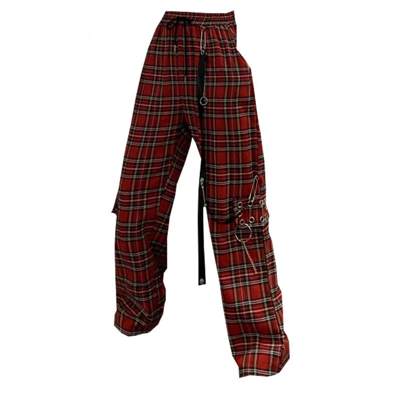 2023 New Harajuku Vintage Plaid Streetwear Chain Women Jogger Pants Punk Loose Casual Pockets Hip Hop Trousers Straight Pants